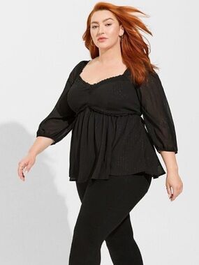 Torrid - Babydoll Crinkle
Chiffon Blouson Sleeve Top in
Deep Black Size 2X